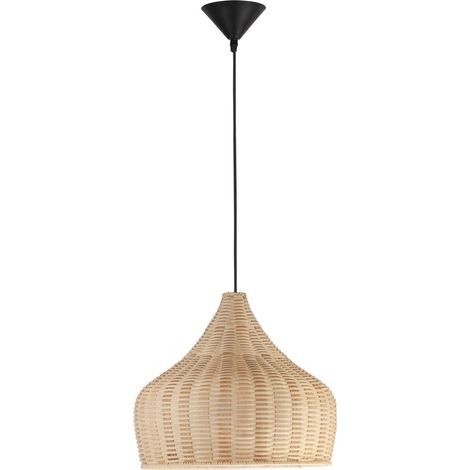 Merano Angeles Plafonnier Suspendu Dôme 38,5cm Rotin Naturel, Bois Fil Tissu Noir, Culot LED E27