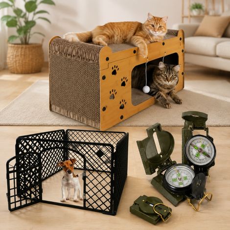 Set di attività per animali domestici (3 pezzi) - Tiragraffi a due livelli per gatti, box per animali e bussola tascabile (1/5)