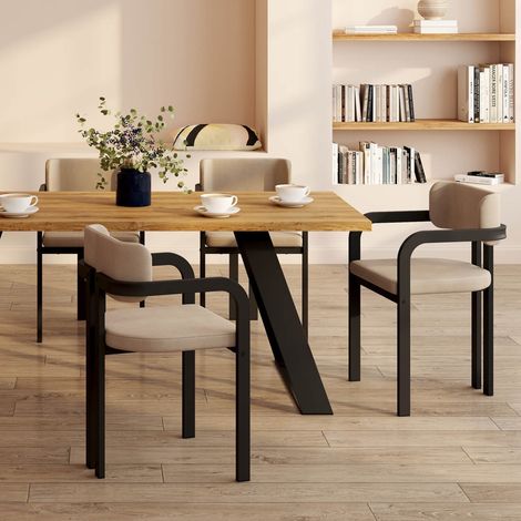 Lote de 4 sillas y sillones de comedor ESMA de metal negro y terciopelo topo con reposabrazos (1/5)