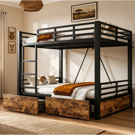Letto a castello per bambini 140x200 cm con cassetti, scaletta e sponde di sicurezza, salvaspazio, in metallo e legno nero (1/5)