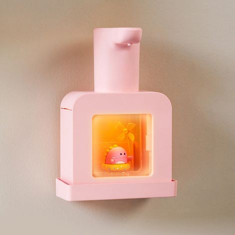 Distributeur de savon automatique sans contact avec capteur, distributeur de savon mousse intelligent étanche, petit dinosaure rose, dessin animé (1/4)