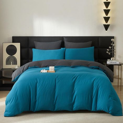 Bettwäsche-Set 220x200cm Baumwolle Blau Grau Petrol 3-teilig mit Reißverschluss
