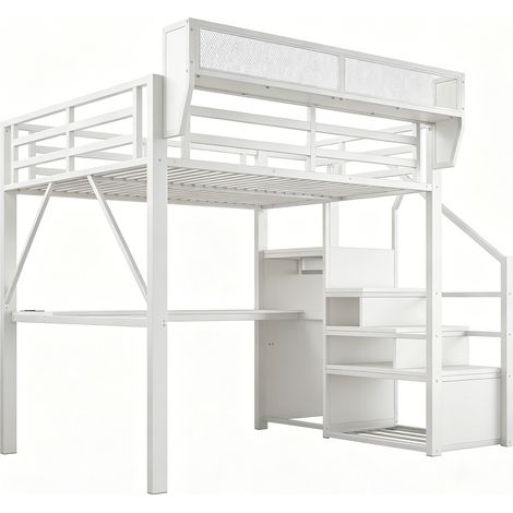 Cama alta metálica 140 x 200 cm blanca con escritorio, escalera y almacenamiento (1/5)