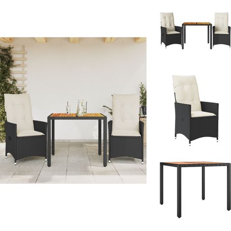Ensemble de bistro 3 pcs et coussins noir résine tressée acacia - Meubles De Jardin - Salon De Jardin - Mobilier Extérieur - Set De Bistro - Fauteuil Inclinable (1/5)