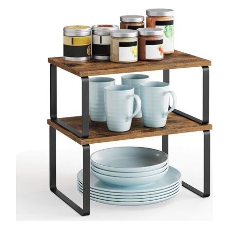 Étagère à Épices, Lot de 2, Organisateur de Placard, Étagère de Rangement de Cuisine Extensible, Porte-épices Empilable, en Métal et Bois d’Ingénierie, Noir et Marron Rustique (1/5)