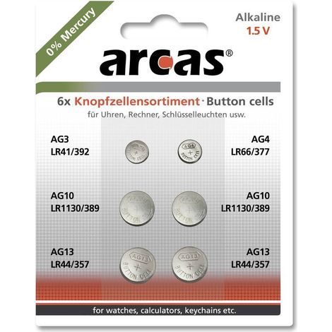 ARCAS Knopfzellen-Set, AG3, AG4, AG10, AG13, 6-teilig (1/2)