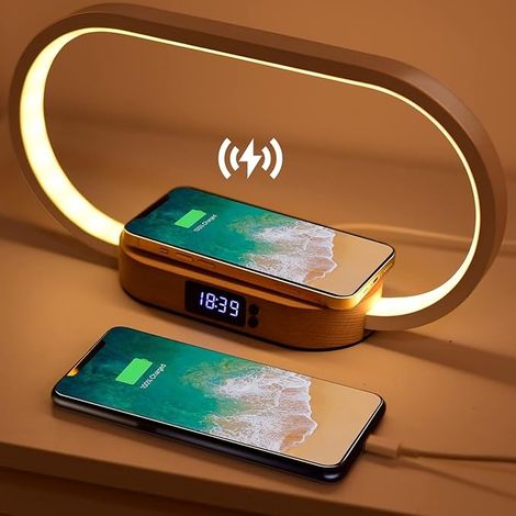 Lampe de bureau à 3 modes de couleur et à intensité variable, lampe de chevet en bois et blanc avec chargeur sans fil et fonction tactile (1/5)