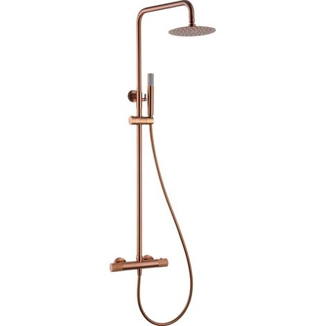 IMEX Set de ducha termostática acero y latón con acabado PVD oro rosa columna extensible rociador extraplano Ø20 anticalcáreo cartucho TURN CLEAN SYSTEM modelo Line Imex-BTD038-ORC