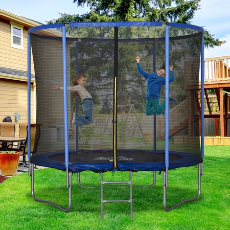 Trampoline d'extérieur. Trampoline de jardin pour adultes avec filet de sécurité et bords rembourrés. Équipement de jeu pour le jardin et la maison. Ø 244 x 240 cm. Bleu et noir.