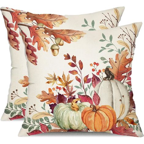 Lot de 2 housses de coussin d'automne 45x45 cm, motif feuilles de citrouille orange et blanches, pour l'intérieur et l'extérieur, décoration champêtre pour canapé, décoration automnale.