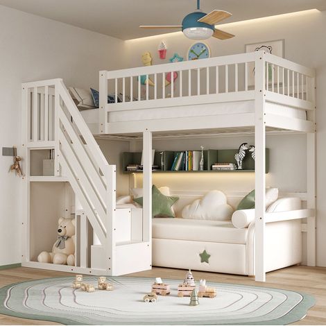 Cama Alta 90x200 Cm Escalera Almacenaje Blanco (1/5)
