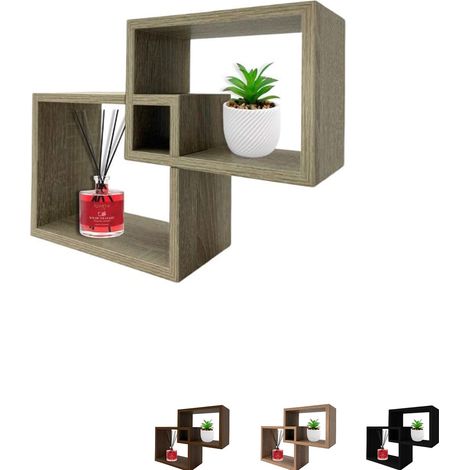 Set 2 Mensole sospese rettangolari in legno ad incastro, misura 30x9,5x22 cm, 3 ripiani decorativi - colore Tortora (1/5)