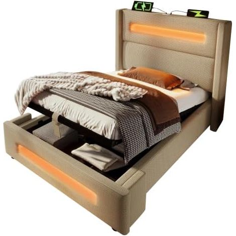 Gepolstertes Einzelbett, 90 x 200 cm, mit LED-Beleuchtung und USB-C-Ladeanschluss, Stauraum mit hydraulischer Schublade, Metallbettgestell mit Holzlattenrost, beige, Leinenbezug, ohne (1/5)