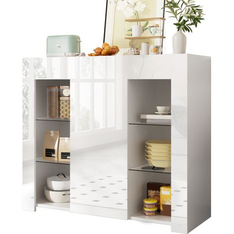 Buffet blanc laqué brillant avec étagères en verre et porte de rangement, meuble compact salon cuisine 95x35x83 cm