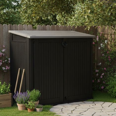 Dmora - Armario exterior Briantino, Mueble para exteriores, Mueble de jardín multiusos, Contenedor para balcón o garaje, 132x72 h114 cm, Negro (1/4)