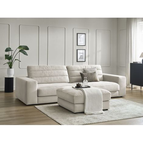BOBOCHIC - Canapé droit fixe 3 places SIERRA velours avec pouf   Beige (1/5)