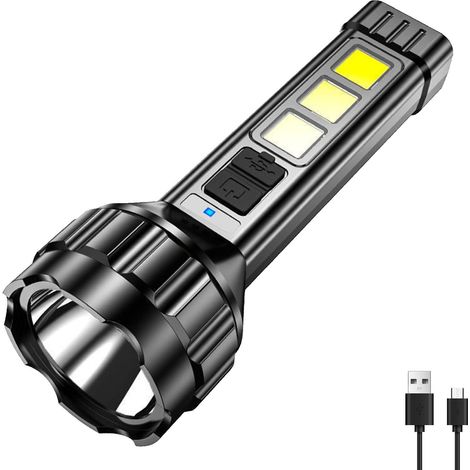 LED-Taschenlampe mit leistungsstarkem Licht, 4 Modi wiederaufladbar, mit Seitenlichtern, COB-Modus, starke Wärmeableitung, eingebauter Akku, geeignet für Camping und Angeln
