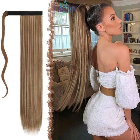 Postiche Queue De Cheval Extension, Ponytail Extension Brun & Blond 70 Cm Pour Femmes, Cheveux Longue Raides Extension De Cheveux