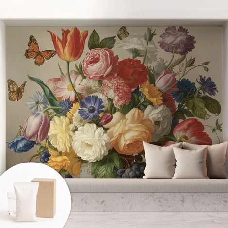 Papier peint intissé classique moderne pour salon et chambre à coucher Décoration rapide avec colle Fleurs et papillons 208x146 cm (1/5)