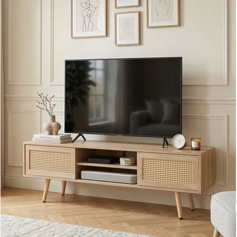 Meuble TV 140x40x46,5 cm en bois et rotin naturel, avec rangement pour salon FloraGrace (1/5)