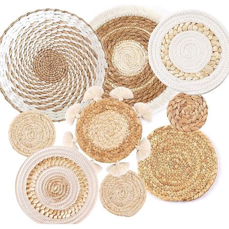 Lot de 9 paniers muraux bohèmes tissés à suspendre - Décoration murale en jonc de mer et rotin - Décoration murale ronde écologique (1/4)
