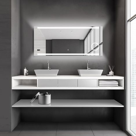 Miroir de Salle de Bain à LED - 140 x 60 cm - Couleur de la lumière : Blanc Neutre - Miroir cosmétique éclairé avec grossissement x3 - Horloge numérique - Cadre en Aluminium (1/5)