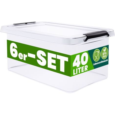 DEUBA® Storage Box With Click Closure Secure Lid 2 Litre and 5 Litre BPA Free Food-Safe Plastic Boxes Small Stackable Transparent Organisers for Kitchen Bedroom Garage Office 6x40L (de)