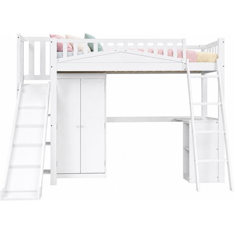 Lit superposé enfant avec toboggan, bureau, armoire et grande capacité de rangement, 90x200 cm, blanc, structure bois et MDF pour chambre d'enfant - CHICFURN (1/5)