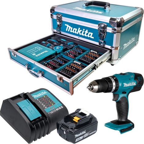 Makita DHP 453 SF1X9 Akku Schlagbohrschrauber 18 V 42 Nm + 1x Akku 3,0 Ah + Ladegerät + 96 tlg. Zubehör Set + Koffer (1/4)