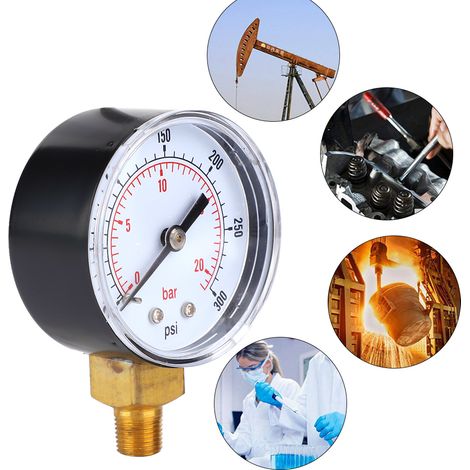 Manomètre à cadran 50 mm en laiton avec couvercle transparent, raccordement inférieur 1/8 BSPT pour air eau huile gaz (0-300 PSI 0-20 bar) - 1 pièce (1/5)