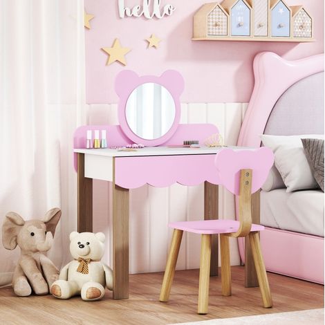 Aseo infantil con taburete, espejo acrílico y cajón, rosa DESVIAE (1/5)