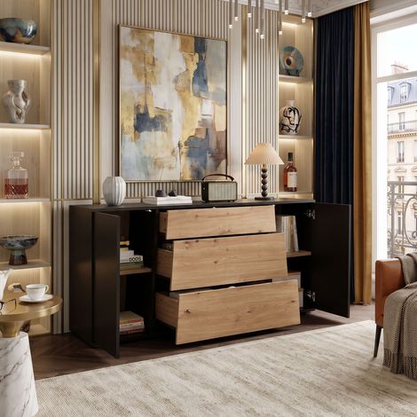 Creahappy Enfilade Buffet 140x35x70 cm - Rangement Optimisé Salon Cuisine - 3 Tiroirs 2 Portes Battantes - Noir et Chêne Naturel (1/5)
