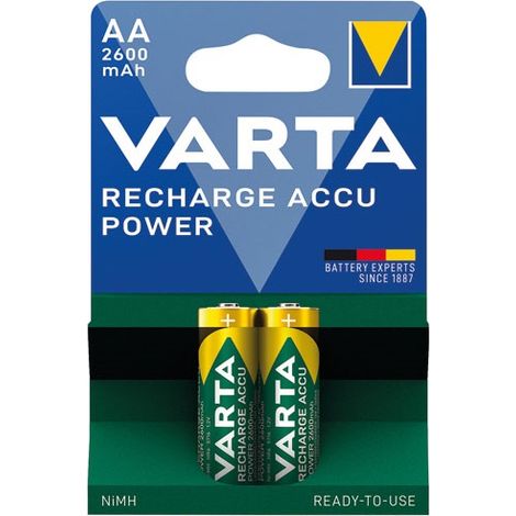 Varta – Piles rechargeables AA 2600mAh – Autodécharge faible – Prêtes à l'emploi – Lot de 2 – Compatible avec tous les chargeurs