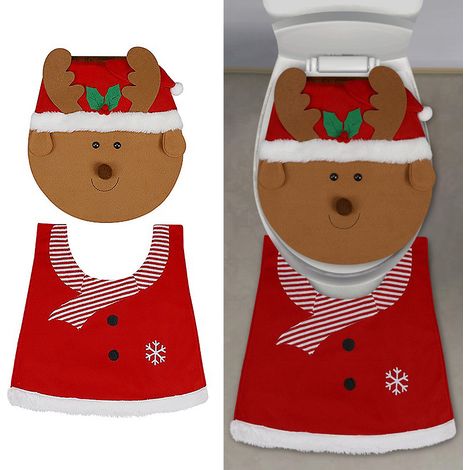 Kreatives Toiletten-Set mit Rentier-, Schneemann- und alten Menschenmotiven, bestehend aus Toilettensitz und Fußmatte. (1/3)