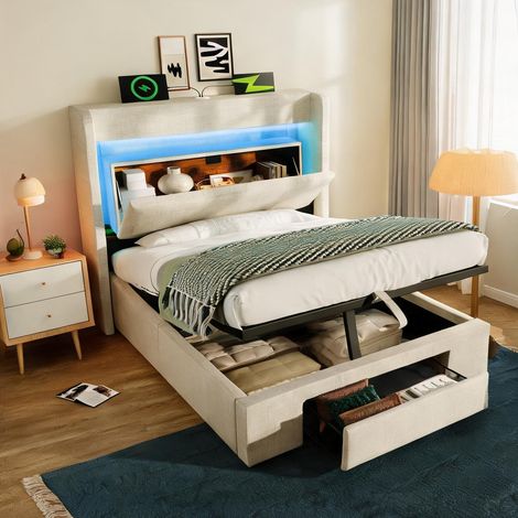 Cadre de lit beige en lin 219 x 101 x 111 cm (1/5)