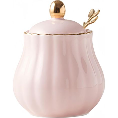 Sucrier En Porcelaine Avec Couvercle Et Cuillère - 1 Pièce - Céramique Lisse - Rangement Sucre Sel Épices - Pour Maison Café Restaurant - Rose (1/5)