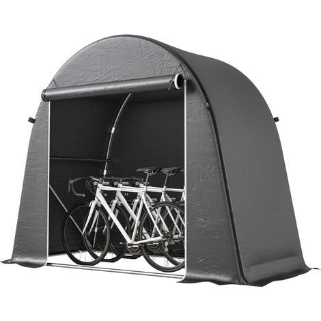 Abri de jardin portable gris foncé, tente pour vélo avec porte enroulable à fermeture éclair, cadre métallique et housse plastique, rangement polyvalent extérieur