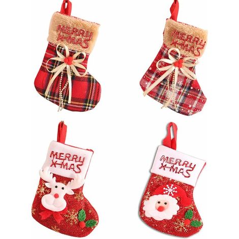 Sac de Bonbons Cadeau de Noël Chaussette Ornement de Noël, 4Pcs Bas de Noël Botte de Noël Suspendre, Chaussettes Cheminée Noel, Père Noël Wapiti Noeud Christmas Stocking Bas de Noël pour Arbre de Noël (1/5)