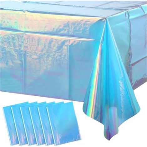 Six nappes en plastique bleu perle, nappes rectangulaires jetables découpées au laser, décorations de fête, dimensions : 54 x 108 pouces. (1/5)