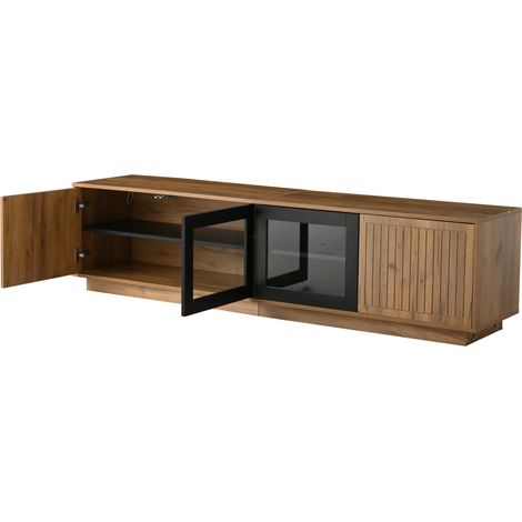 Meuble TV 180x40x45 cm en panneaux de particules couleur bois naturel et noir avec portes en verre trempé et éclairage LED contrôlé par application (1/5)