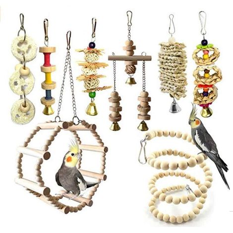 Lot de 7 jouets pour oiseaux en bois naturel, balançoire, échelle et accessoires de jeu suspendus pour perroquets, perruches et cockatiels (1/5)
