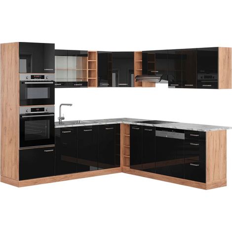 Eckküche R-Line, Schwarz Hochglanz/Goldkraft Eiche, 247 x 237 cm, AP Marmor, Vicco