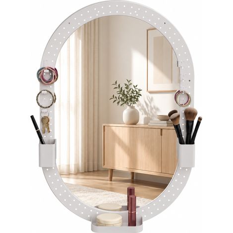 HOMCOM espejo de pared ovalado 90x60 cm con panel perforado, espejo decorativo de pared para salón, dormitorio, recibidor, entrada, blanco (1/5)