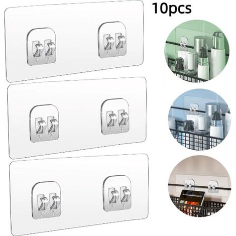 Paquete de 10 piezas - Cinta adhesiva sin taladrar - Hebillas de doble garra - Hebillas transparentes esmeriladas - Clips antipérdida - Ganchos - 6 x 14 cm - Transparente (1/5)