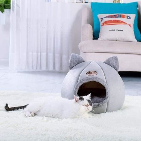 Niche pour Chat - Nid de Chat Antidérapant - Doux et Chaud - Amovible - Pliable - Gris (1/4)