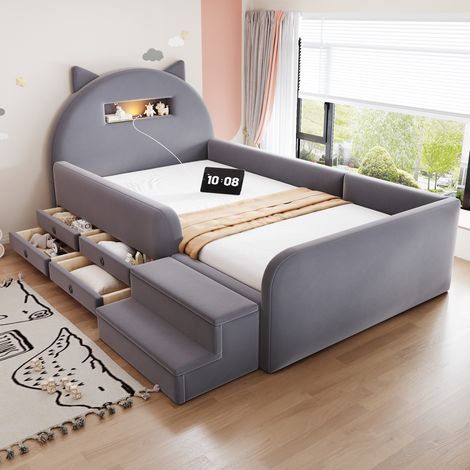 Letto imbottito per bambini 90x200 cm in velluto grigio scuro con testiera, USB e cassetti (1/5)