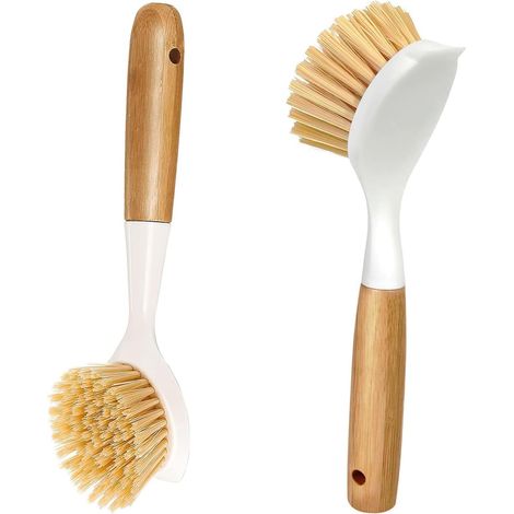 Lot de 2 brosses à vaisselle, brosse à récurer, en bois avec poignée antidérapante, brosse de cuisine pour poêles à revêtement, casseroles, nettoyage d'évier (1/5)