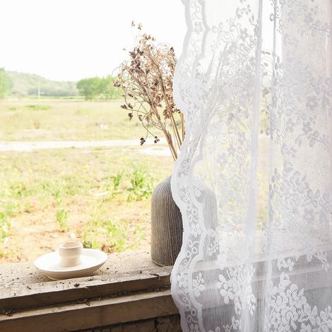 Rideaux Transparents Blancs, 2 Panneaux, Style rétro, Rustique, Panneaux en Dentelle Florale pour Petite fenêtre, Salle de Bain, Cuisine, Spa, Bureau, 132 x 137 cm (l x L), Blanc (1/5)