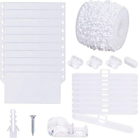 Un ensemble d'accessoires pour rideaux, stores vénitiens et stores drapés, comprenant une chaînette à billes de 10 mètres, une base en 10 pièces, 4 boucles à billes, 10 pièces de suspension doubles et (1/5)