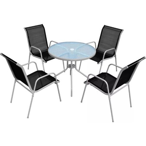 Table ronde et 4 chaises de jardin métal noir et blanc Castle (1/5)